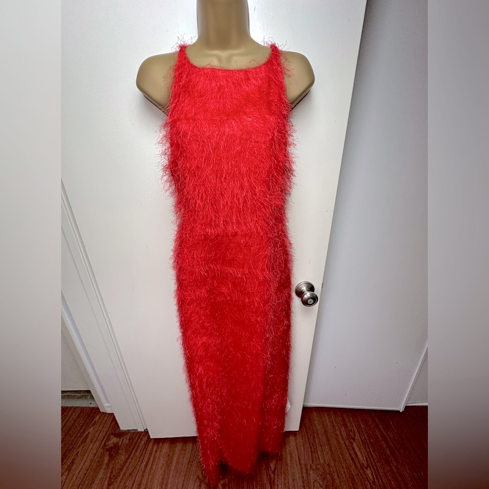Topshop Red Shimmer Fringe Tinsel Tie Part Open Back Sleeveless‎ Dress NWT 12